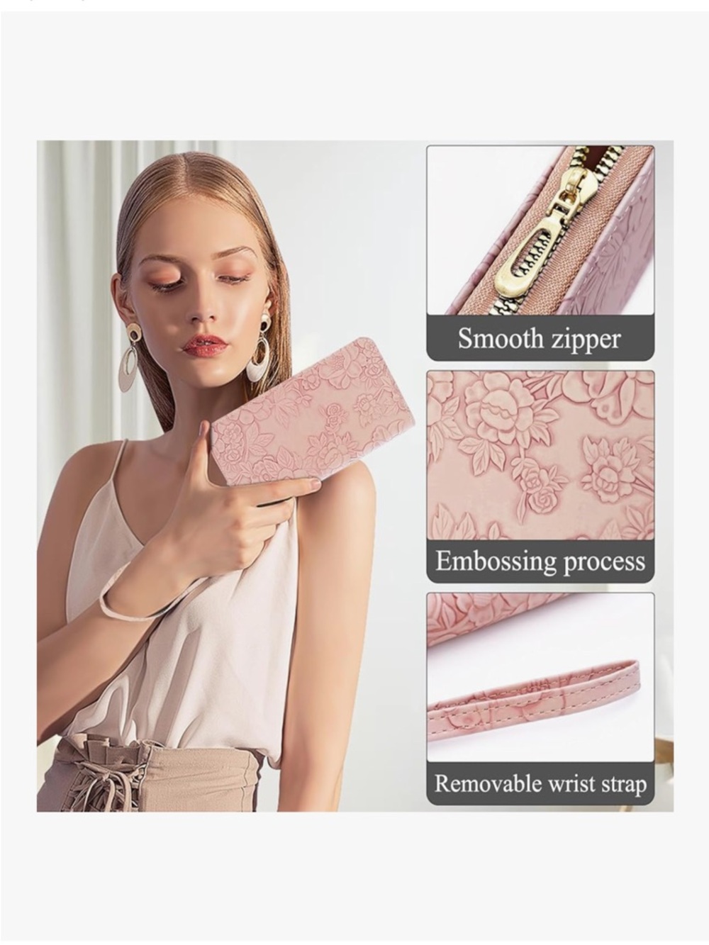 Floral Embossed Wristlet Wallet - Pink - Picture 3 of 5